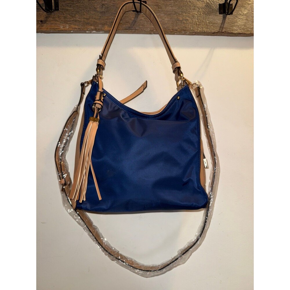 Sondra Roberts Handbag Tote Nylon Two Tone Beige Navy Side Zip Pockets NWOT